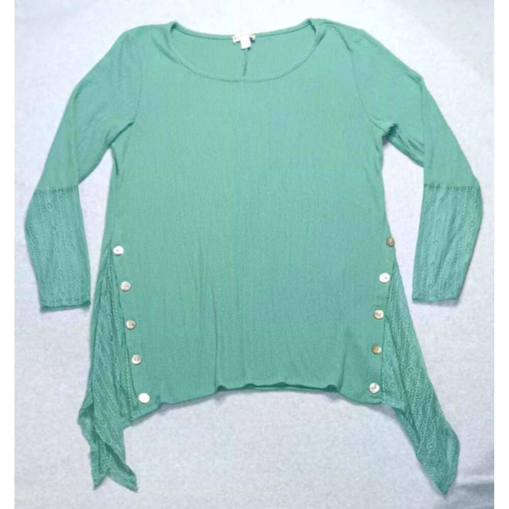 World Unity Assymetrical Blouse Women's Size XL sea Green  Lace Boho Mermaidcore